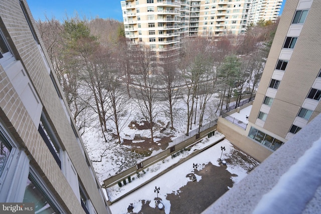 view of snow covered building