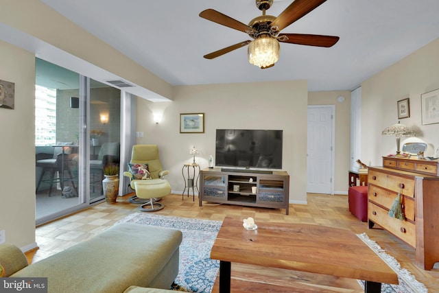 living room featuring ceiling fan