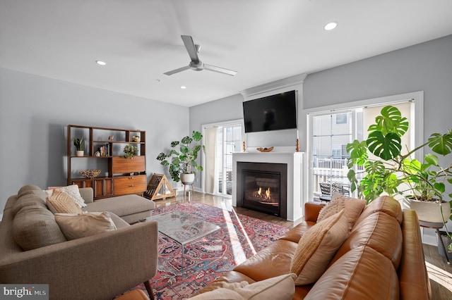 living room with ceiling fan and hardwood / wood-style flooring