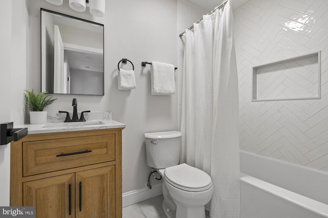 full bathroom featuring toilet, vanity, and shower / bathtub combination with curtain