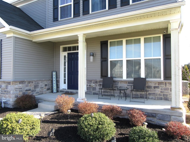 view of exterior entry with a porch