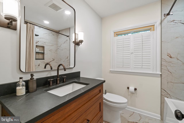 full bath with baseboards, visible vents, toilet, marble finish floor, and vanity