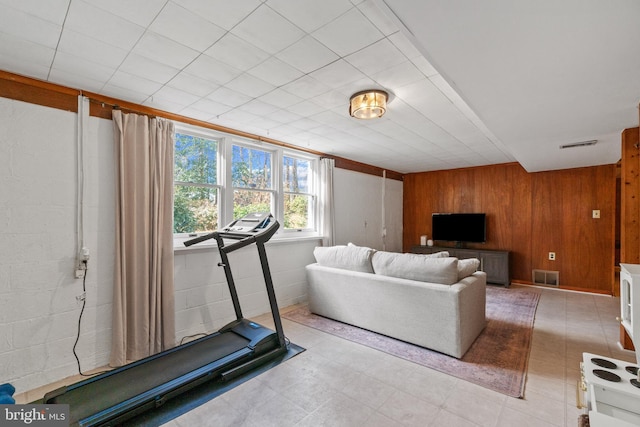 living area with wooden walls and visible vents