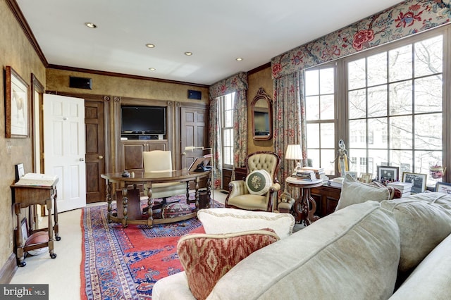 living room with crown molding