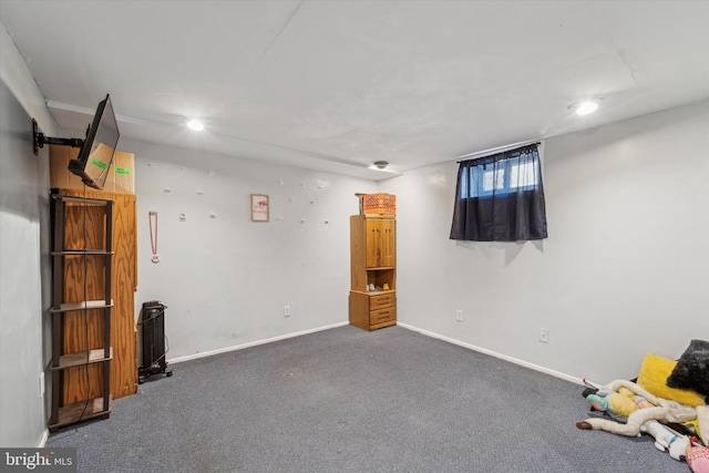 basement featuring dark carpet