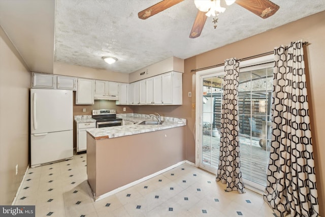 kitchen featuring white refrigerator, sink, white cabinets, kitchen peninsula, and stainless steel electric range