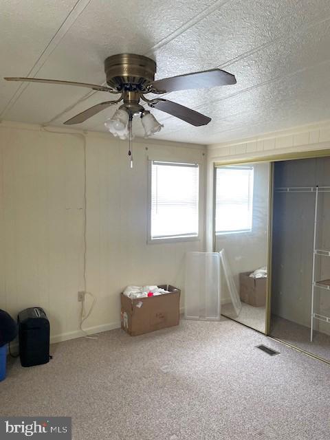 interior space with carpet, ceiling fan, and a closet