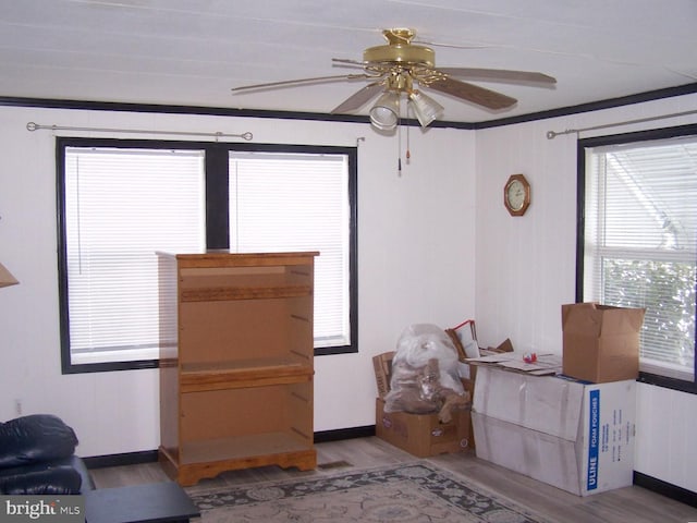 interior space with hardwood / wood-style flooring, ceiling fan, and ornamental molding