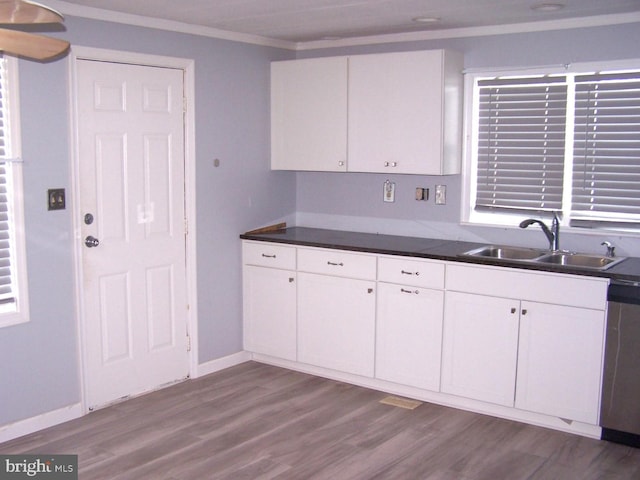 kitchen featuring sink, crown molding, dishwasher, and white cabinets