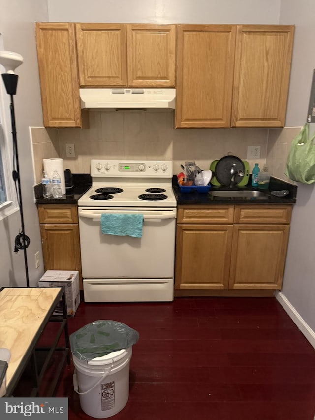 kitchen with light brown cabinets, backsplash, sink, electric range, and dark hardwood / wood-style flooring