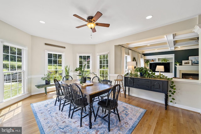 dining space featuring coffered ceiling, ceiling fan, beam ceiling, and light hardwood / wood-style floors