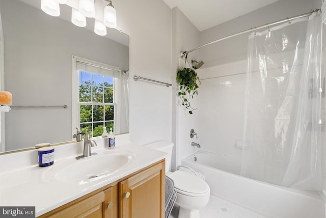 full bathroom featuring vanity, shower / bath combination with curtain, and toilet