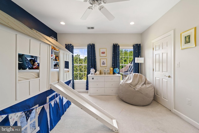 bedroom featuring carpet flooring and ceiling fan