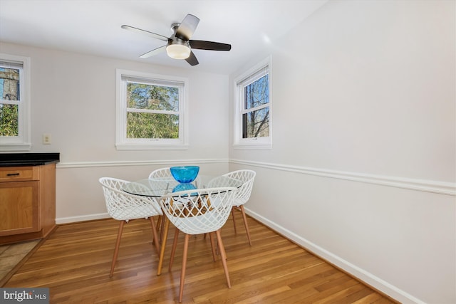 dining room with ceiling fan, hardwood / wood-style floors, and a healthy amount of sunlight