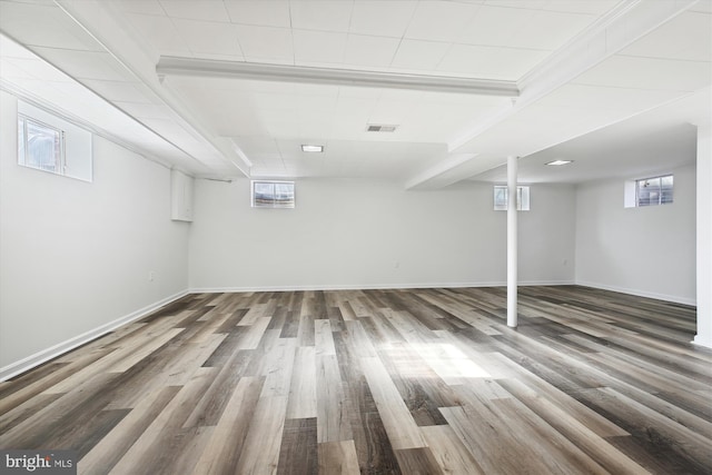 basement featuring a wealth of natural light and hardwood / wood-style flooring