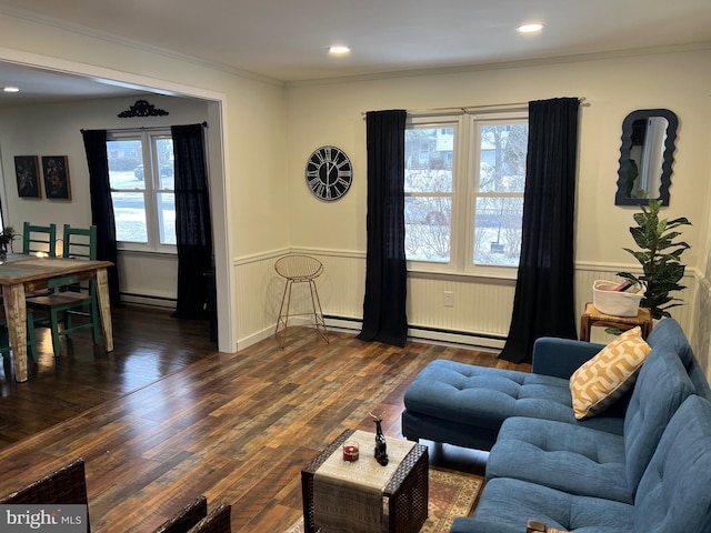 living room featuring dark wood-type flooring, a baseboard radiator, crown molding, and a healthy amount of sunlight