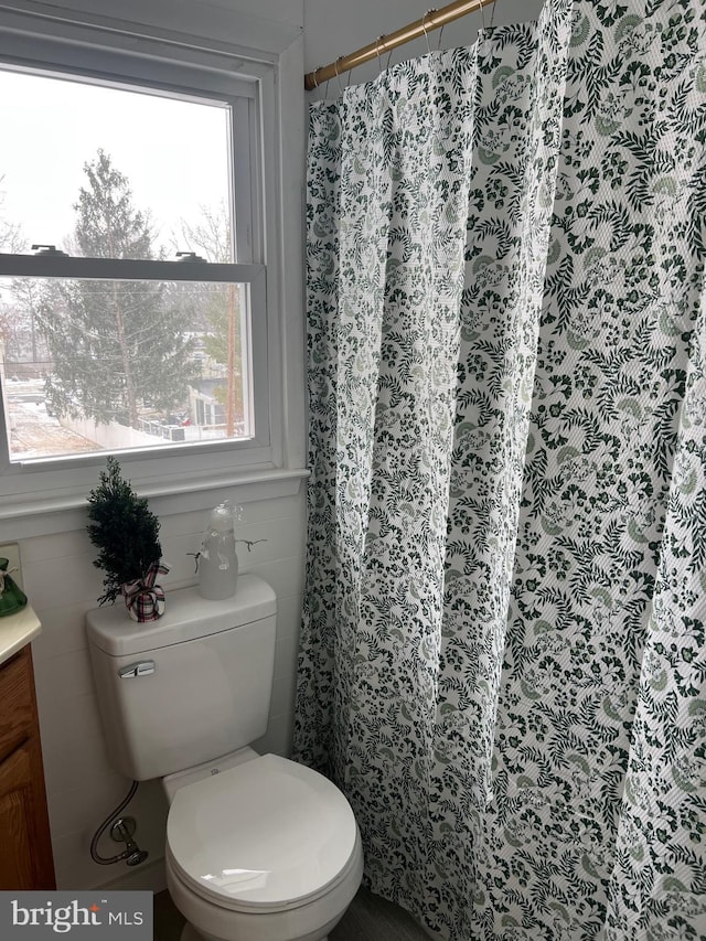 bathroom featuring toilet, vanity, and curtained shower