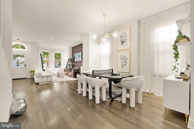 dining room featuring wood-type flooring and a notable chandelier