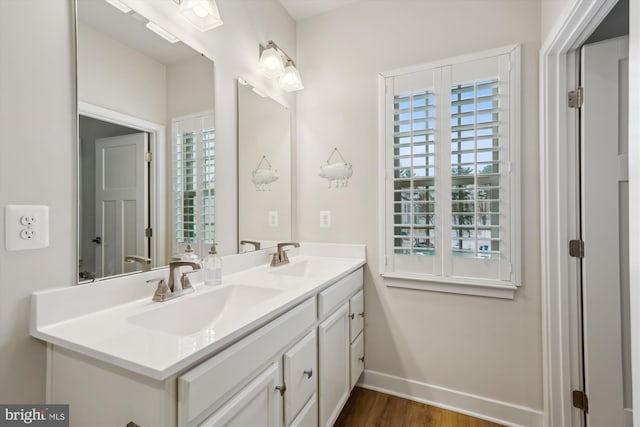 bathroom featuring vanity and wood-type flooring