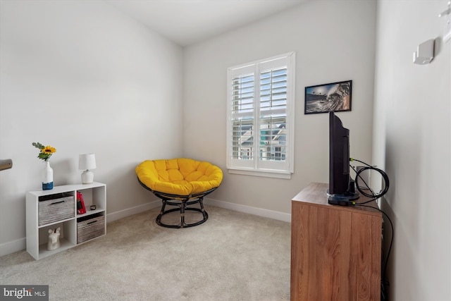 living area featuring light colored carpet