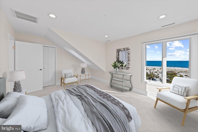 carpeted bedroom featuring a beach view, a water view, and a closet