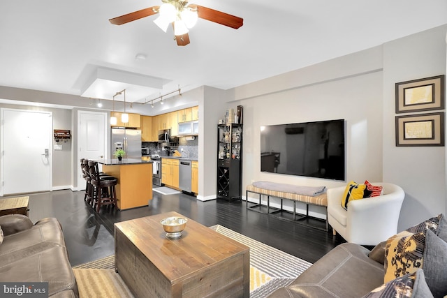 living room featuring ceiling fan and track lighting