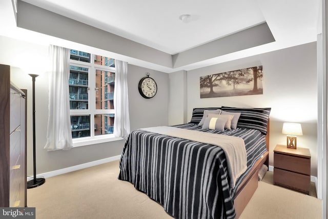 bedroom with a raised ceiling and light colored carpet