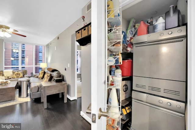 kitchen with dark hardwood / wood-style floors, a healthy amount of sunlight, and ceiling fan