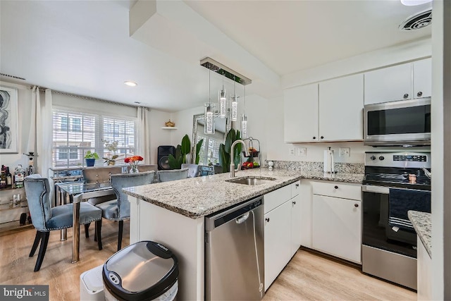 kitchen featuring white cabinets, kitchen peninsula, sink, and appliances with stainless steel finishes