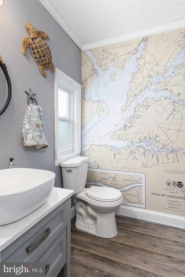 bathroom featuring toilet, ornamental molding, wood finished floors, and vanity