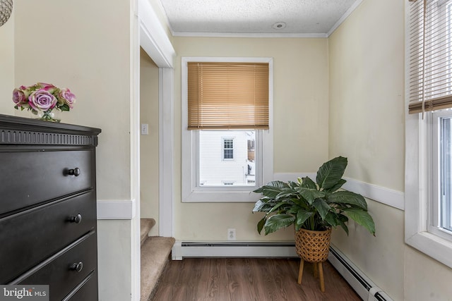 interior space featuring crown molding, stairway, baseboard heating, dark wood-type flooring, and a textured ceiling