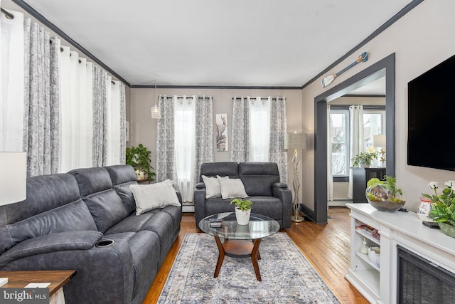 living area with light wood-type flooring, a baseboard heating unit, and crown molding