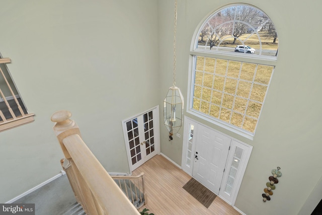 foyer featuring a towering ceiling, baseboards, and wood finished floors