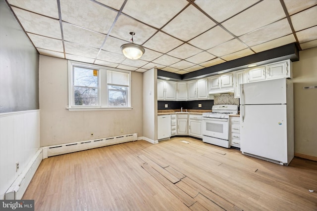 kitchen featuring white appliances, light hardwood / wood-style floors, white cabinets, and baseboard heating