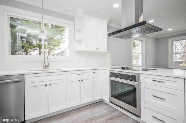 kitchen featuring pendant lighting, white cabinets, sink, island exhaust hood, and stainless steel appliances