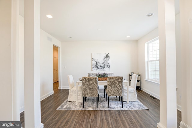 dining area featuring a wealth of natural light and dark wood-type flooring