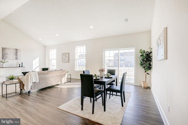 dining room with lofted ceiling, a wealth of natural light, and hardwood / wood-style floors