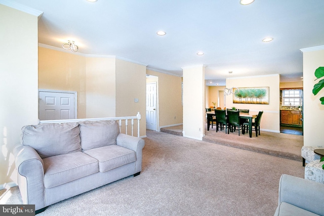 living room featuring ornamental molding and carpet flooring