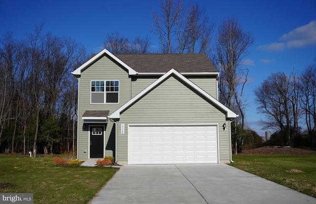 front facade with a garage and a front lawn