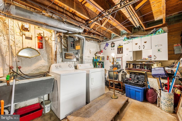 basement featuring electric panel and separate washer and dryer