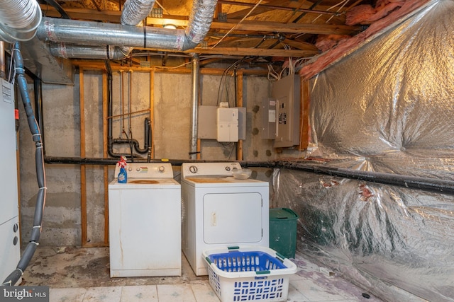 basement with electric panel and washer and clothes dryer