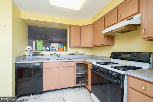 kitchen featuring ceiling fan, sink, black dishwasher, and gas range gas stove