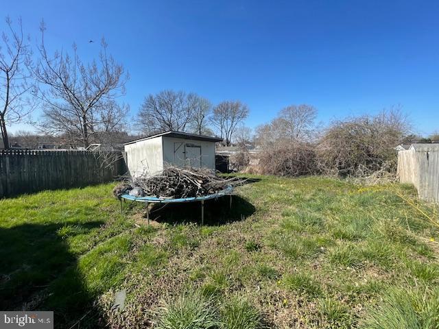 view of yard featuring a trampoline and a storage unit