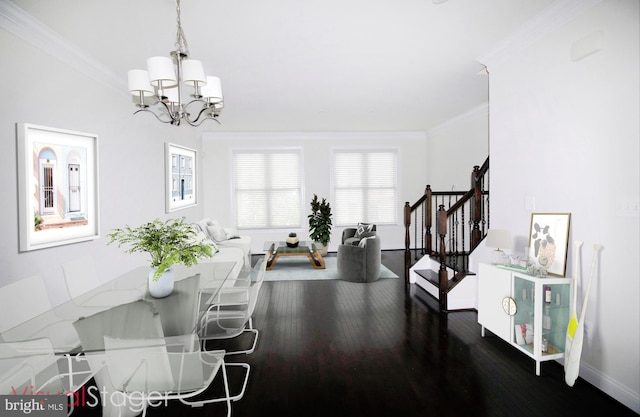 dining room featuring a chandelier, crown molding, and dark hardwood / wood-style floors