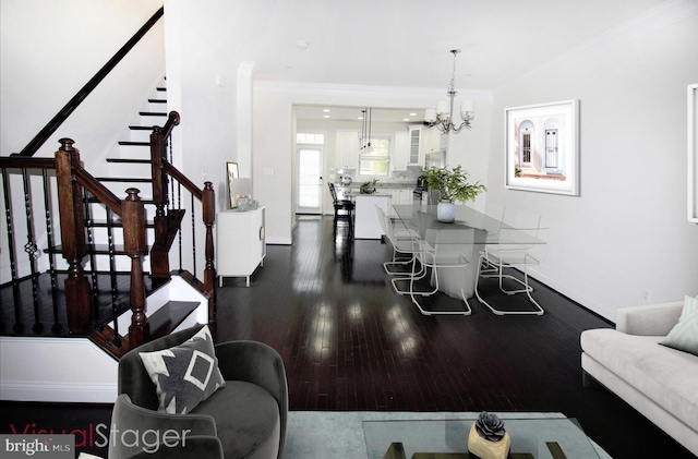 living room featuring dark wood-type flooring, ornamental molding, and a chandelier