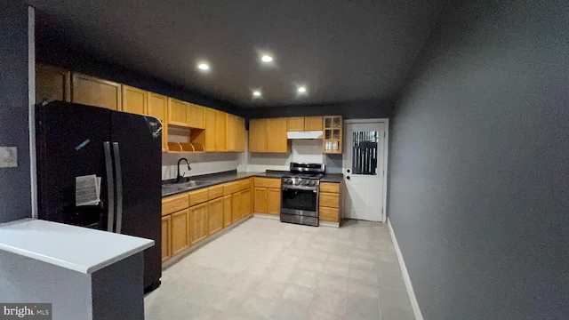 kitchen with gas stove, black fridge, and sink