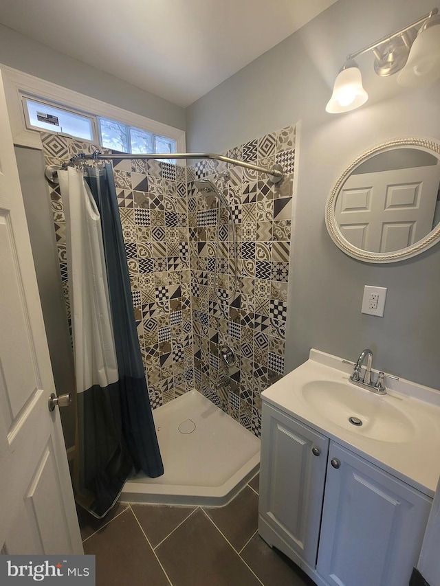 bathroom featuring tile patterned floors, vanity, and walk in shower