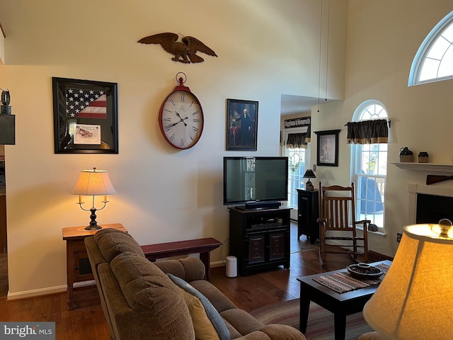 living room with a towering ceiling and dark hardwood / wood-style floors