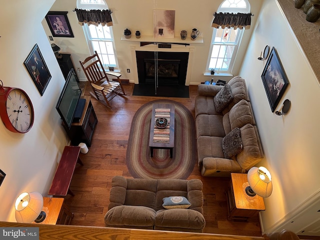 living room with dark hardwood / wood-style floors and plenty of natural light