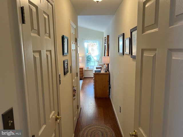 hall with vaulted ceiling and dark hardwood / wood-style flooring